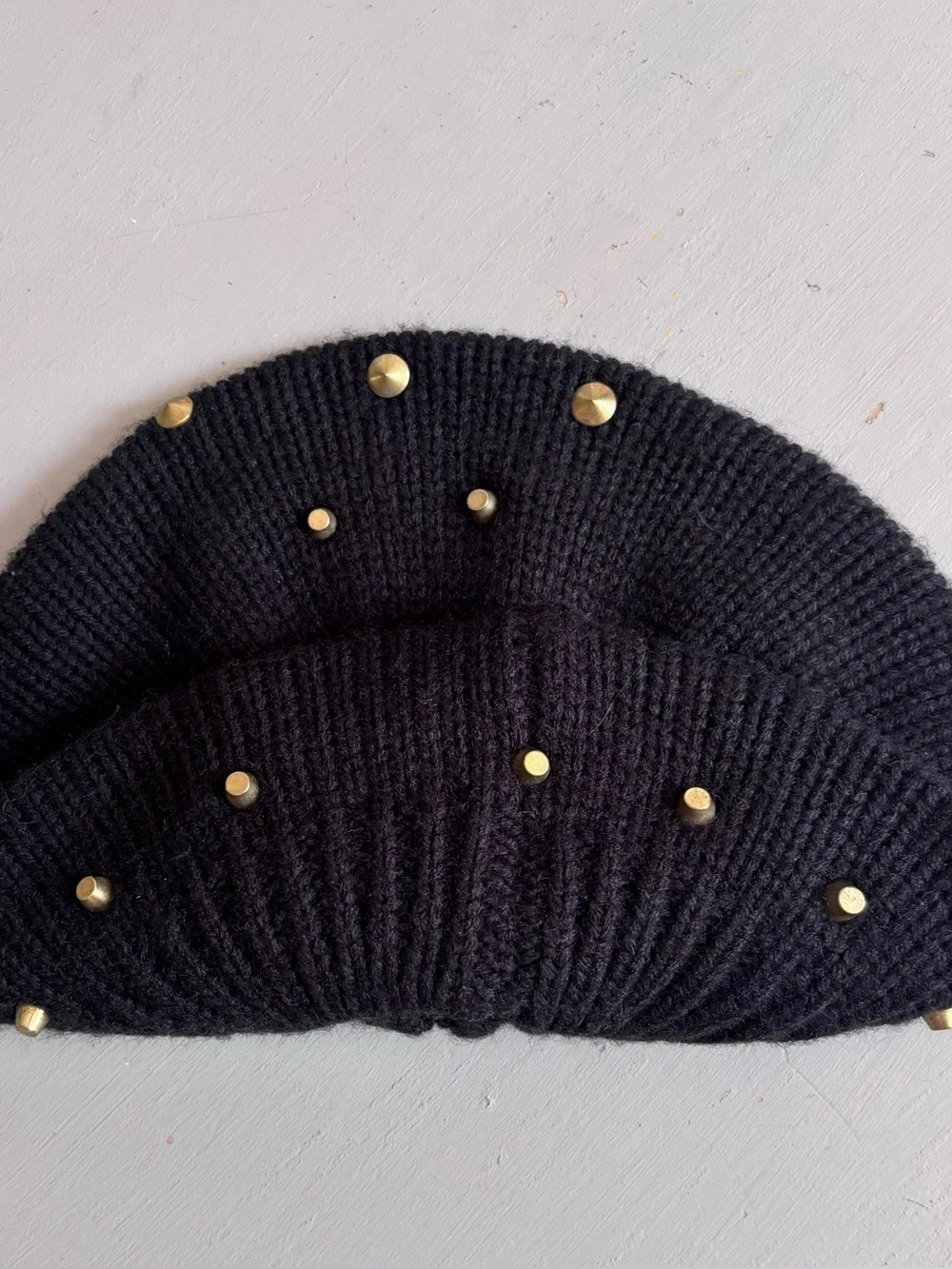 Soft Ribbed Knit Beret Gold Metal Studded Accents